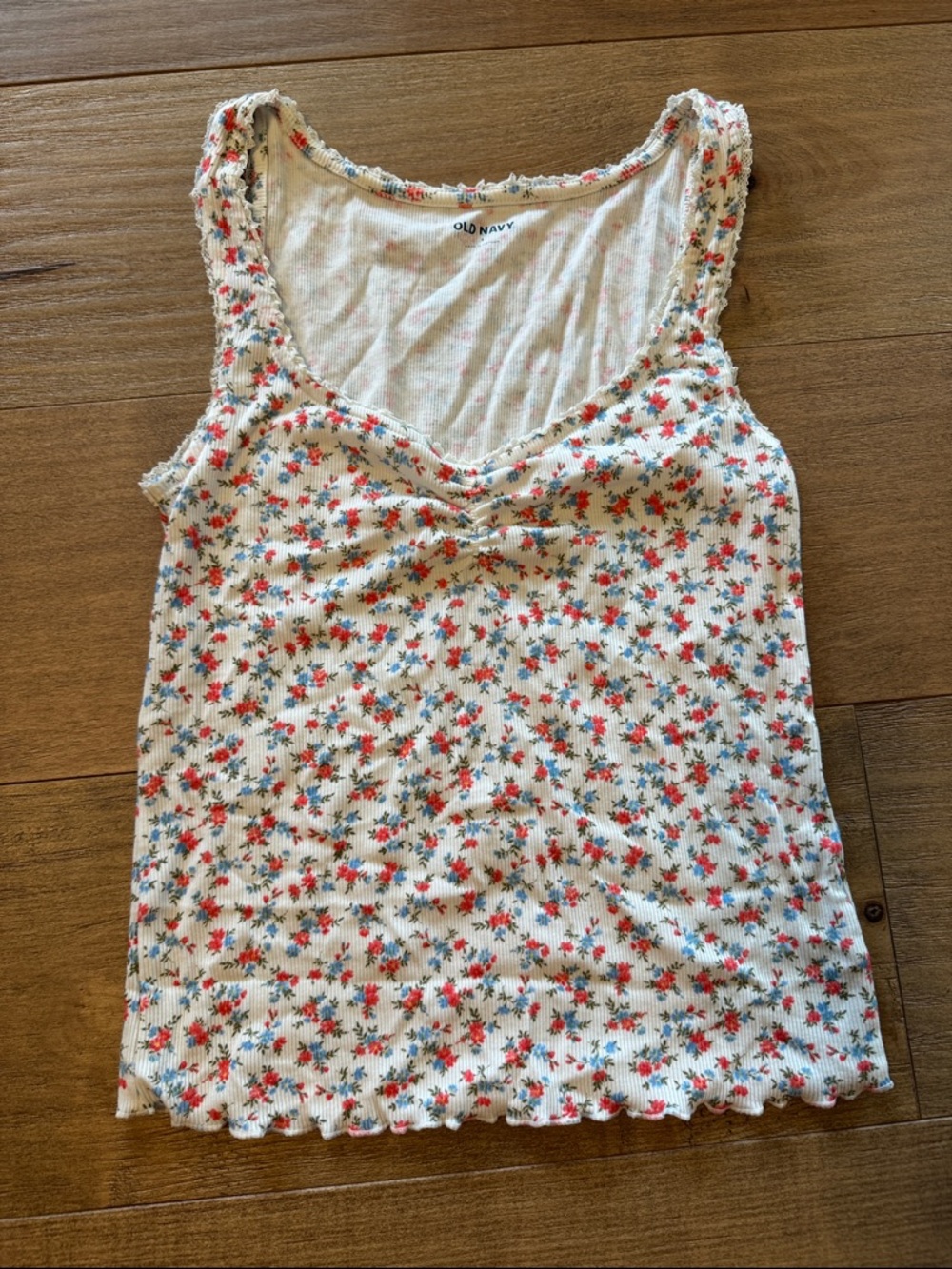 Old Navy Cream Floral Ribbed Tank with Red and Blue Flowers